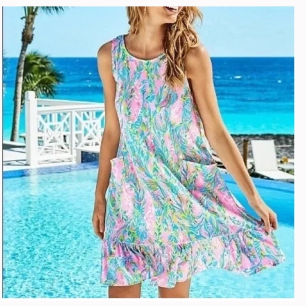 Lilly Pulitzer Kristen Flounce Dress W/Pockets Unicorn of the Sea EUC